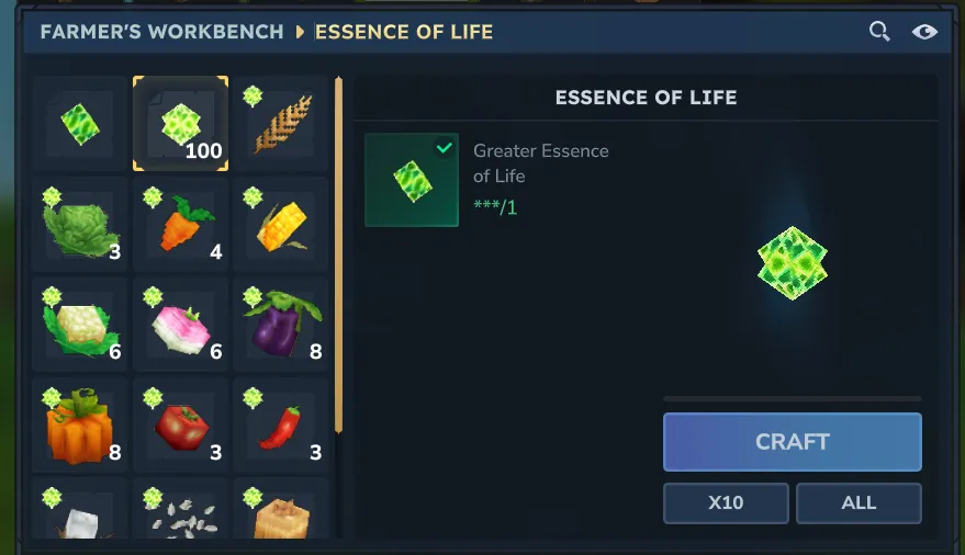 Greater Essence of Life crafting recipe in the Farming Bench