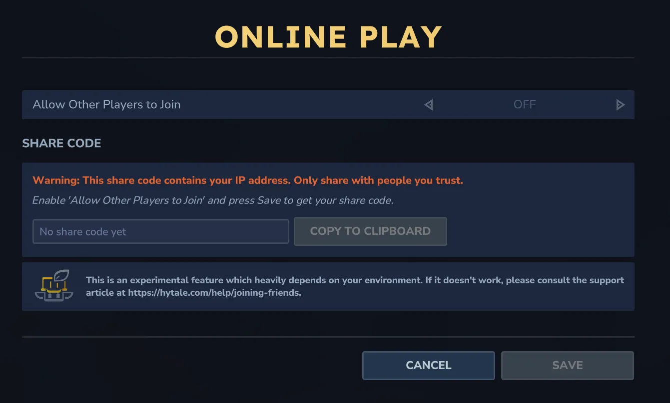 Hytale Online Play settings showing the Allow Other Players to Join toggle