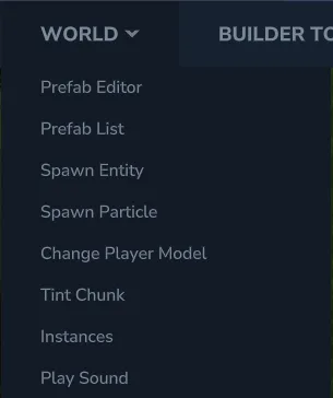 Hytale Creative Tools World menu showing Prefab Editor, Spawn Entity, Spawn Particle, and other tools that require operator permissions